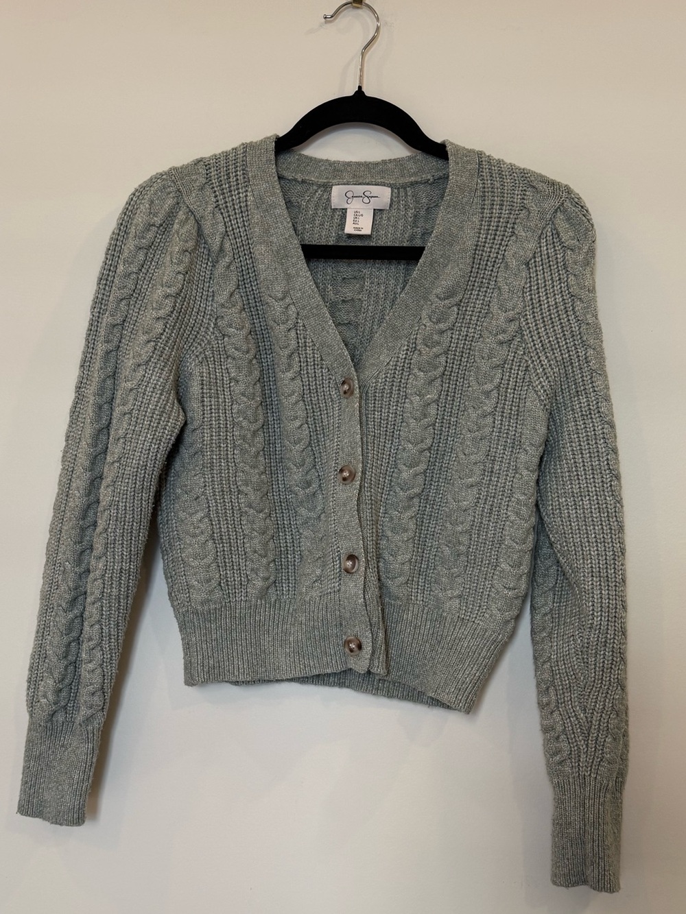 Jessica Simpson Soft Gray/Green Cable V-Neck Button Cardigan